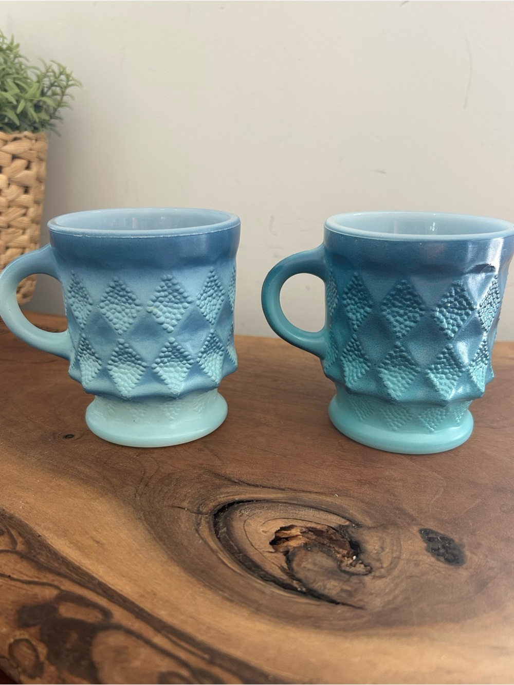 Fire-King Kimberly Blue diamond pattern textured mugs set of 2 Vintage anchor